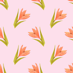 Fototapeta premium Handdrawn lily seamless pattern. Watercolor orange lily on the pink background. Scrapbook design elements. Typography poster, wedding card, label, banner design set, textile.