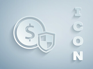 Paper cut Money with shield icon isolated on grey background. Insurance concept. Security, safety, protection, protect concept. Paper art style. Vector