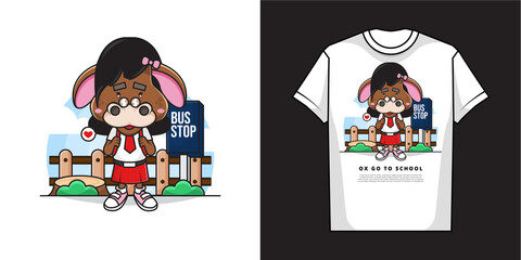 Cartoon Character of Adorable Oxen Girl is Waiting for the School Bus with T-Shirt Mockup Design