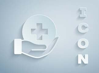 Paper cut Life insurance icon isolated on grey background. Security, safety, protection, protect concept. Paper art style. Vector