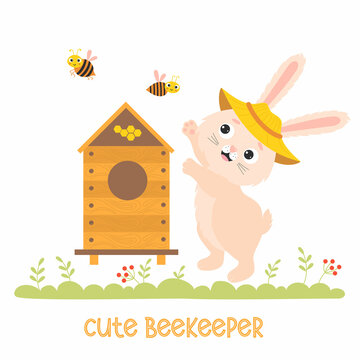 Cute bunny beekeeper. Funny rabbit apiarist in apiary with beehive and funny bees. Vector illustration. Character rabbit for kids collection, cards, design, decor, printing, flyers about beekeeping