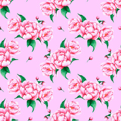 Handdrawn peony flowers seamless pattern. Watercolor pink peony on the pink background. Scrapbook design, typography poster, label, banner, textile.