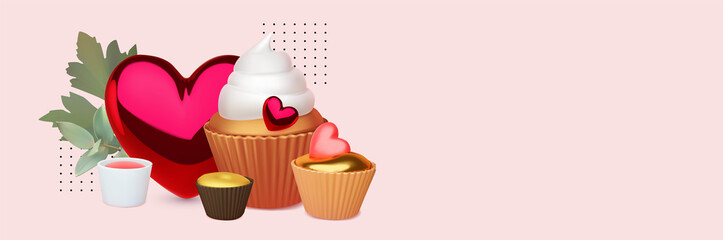 3D design template with cakes, cupcakes, balloons, hearts and leaves. Weddign, anniversary and nice caffee design.