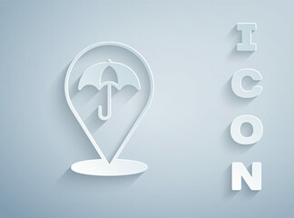Fototapeta premium Paper cut Umbrella icon isolated on grey background. Insurance concept. Waterproof icon. Protection, safety, security concept. Paper art style. Vector