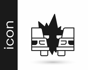 Black Car accident icon isolated on white background. Insurance concept. Auto accident involving two cars. Vector