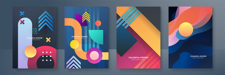Fototapeta premium Creative colorful covers or posters set in trendy minimal gradient geometric style for background, corporate identity, branding, social media advertising, promo. Modern template with dynamic shapes