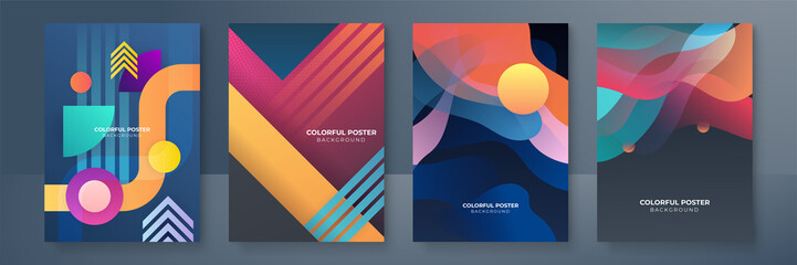 Creative colorful covers or posters set in trendy minimal gradient geometric style for background, corporate identity, branding, social media advertising, promo. Modern template with dynamic shapes