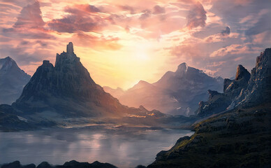 Fantasy mountain landscape with sunset. Foggy sunset, mountains, mountain river, gorge. Abstract fantastic futuristic landscape. 3D illustration. © MiaStendal