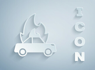 Paper cut Burning car icon isolated on grey background. Insurance concept. Car on fire. Broken auto covered with fire and smoke. Paper art style. Vector