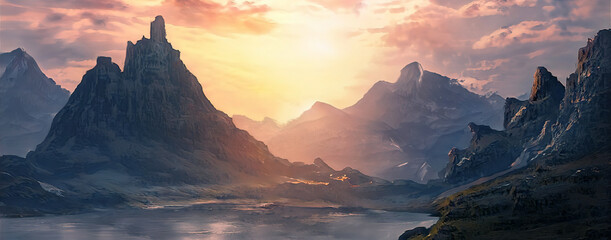 Fantasy mountain landscape with sunset. Foggy sunset, mountains, mountain river, gorge. Abstract fantastic futuristic landscape. 3D illustration.