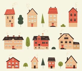 collection of cute houses in scandinavian style. flat hand drawn vector illustration