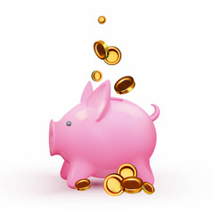 Save money concept. 3D cash, flying coins with piggy bank isolated on white. Banking concept.