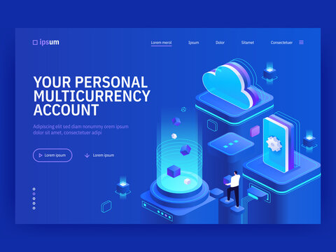Personal multicurrency account isometric vector image on blue background. Digital bank service. Customer advantages of technologies. Web banner with copy space for text. 3d components composition