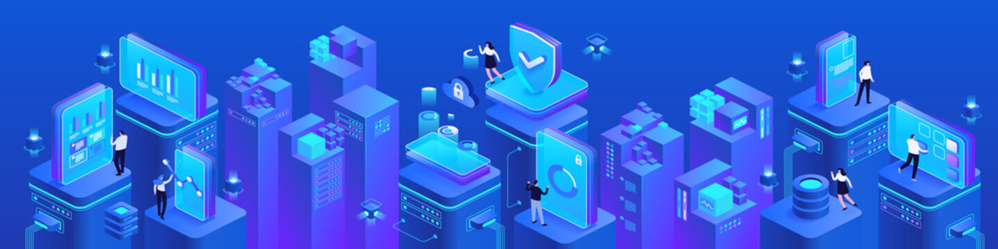Safe financial transactions in internet isometric vector images set blue background. Technology for commercial operations. Bank online. Web banner with copy space for text. 3d components composition