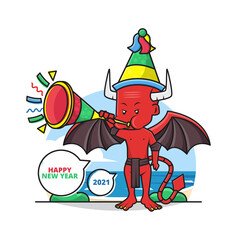 Cartoon of Cute Devil Wear a Party Hat and Blow the Trumpet Wishing You a Happy New Year 2021