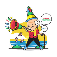 Cartoon of Cute Grandpa Wear a Party Hat and Blow the Trumpet Wishing You a Happy New Year 2021