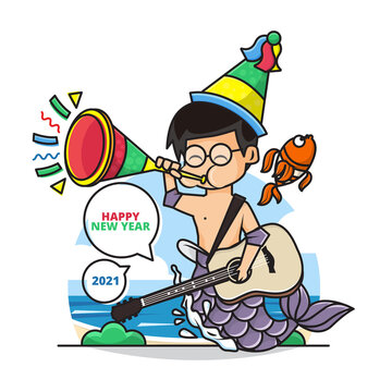 Cartoon of Cute Mermaid Boy Holding Guitar and Wearing a Party Hat and Blow the Trumpet Wishing You a Happy New Year 2021