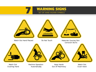 set of isolated  hand hazardous symbols on yellow round triangle board warning sign for pictograms, icon, label, logo or package industry etc. flat style vector design.