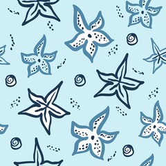 Obraz premium Seamless pattern with starfish. Cute starfish in doodle style. Vector illustration