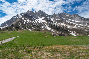 Mountain landscape at the Aravis pass in the Alps in France