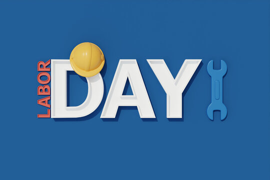 Happy labor day usa concept with construction tools and equipment on blue background, 3d rendering
