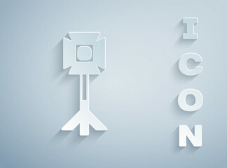 Paper cut Studio light bulb in softbox icon isolated on grey background. Shadow reflection design. Paper art style. Vector