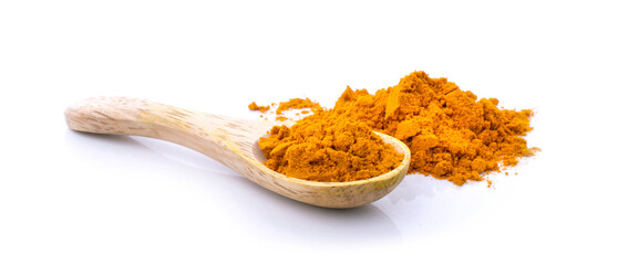 Turmeric powder in wooden spoon isolated on white background
