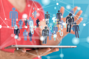 holding 3D rendering group of blue people