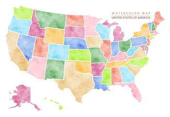 Watercolor map of USA, United States Of America