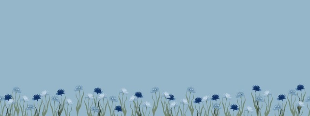 Horizontal blue banner or floral background decorated with delicate flowers. Spring botanical illustration on a blue background.
