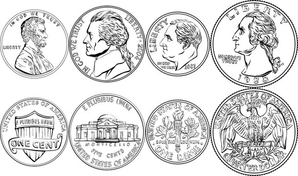 Set of obvers and revers of American money, one, five, ten and twenty five cent coins, black and white