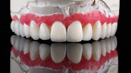 veneers and bridges prostheses of the upper jaw on a model on black glass with reflection © Dental Pro Content