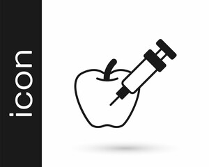 Black Genetically modified apple icon isolated on white background. GMO fruit. Syringe being injected to apple. Vector