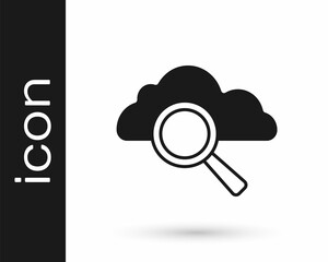 Black Search cloud computing icon isolated on white background. Magnifying glass and cloud. Vector