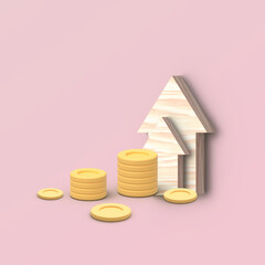 Money growth concept, wood house model, finance about house concept, investment ideas, copy space. 3D rendering illustration on pink background.