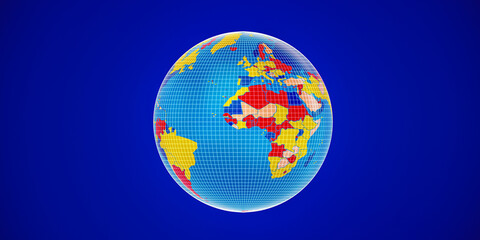 Earth world map and colorful countries with blue background . 3d render illustration.