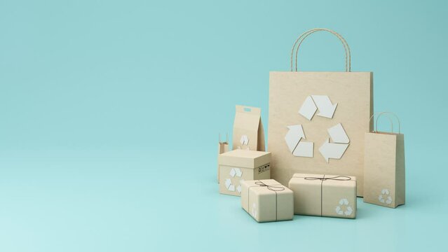 The concept of zero waste and recycling. Use of eco-friendly paper tableware and packaging made from biodegradable materials. on pastel background 3d rendering