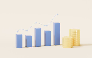 Bar graph with growth trend, 3d rendering.