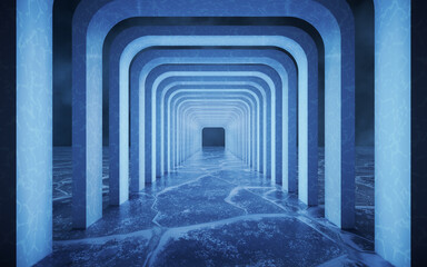 Geometrical frame with ice ground surface, 3d rendering.