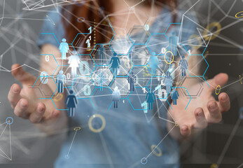 holding 3D rendering group of blue people