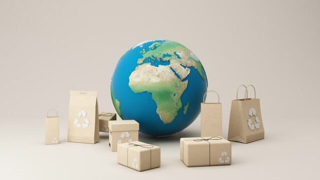 The concept of zero waste and recycling. Use of eco-friendly paper tableware and packaging made from biodegradable materials. with earth globe map. on pastel background 3d rendering