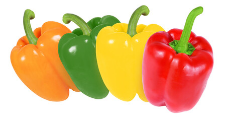 Four peppers of different colors isolated on white background. Green, red, yellow, orange peppers