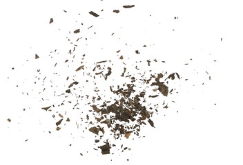 Burned, charred paper scraps isolated on white texture, top view