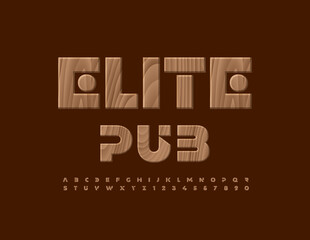 Vector premium logo Elite Pub with creative wooden Font. Tree textured Alphabet Letters and Numbers set