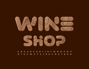 Vector stylish signboard Wine Shop. Modern creative Font. Wooden Alphabet Letters and Numbers set