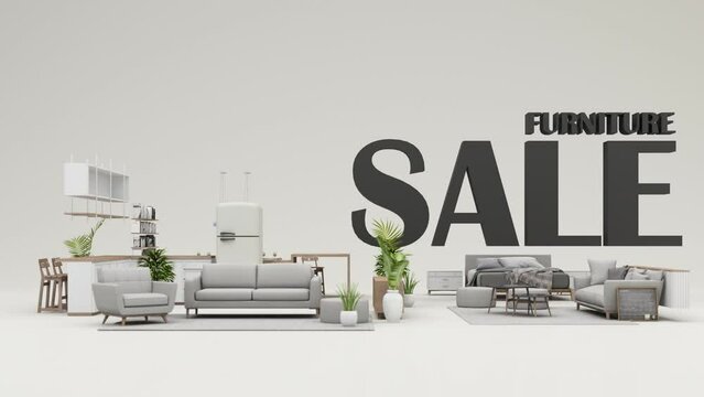 interior design concept Sale of home decorations and furniture During promotions and discounts, it is surrounded by beds, sofas, armchairs and advertising spaces banner. pastel background. 3d render