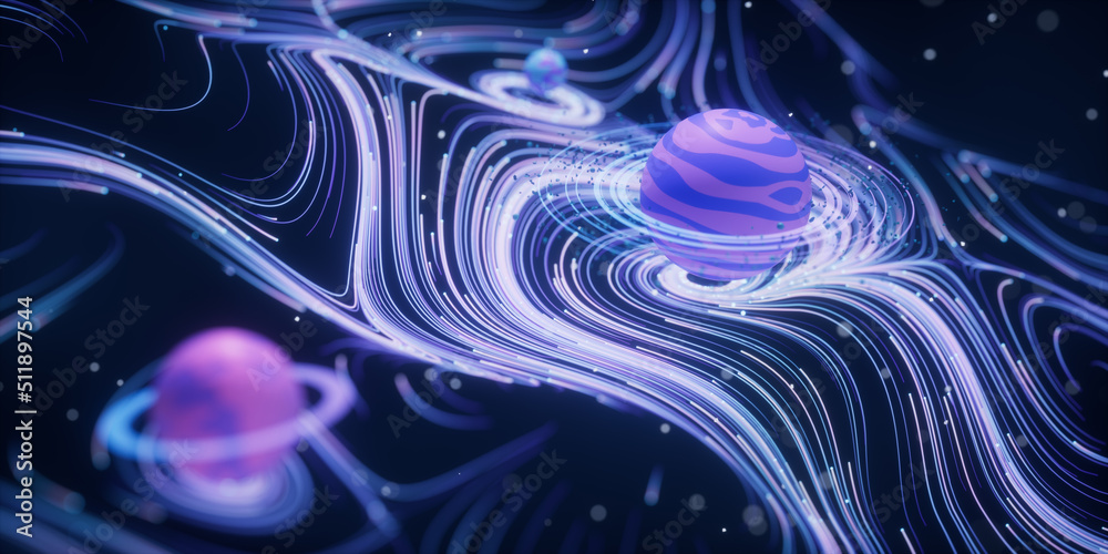 Poster outer space planet with wave pattern background, 3d rendering.