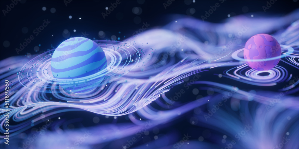 Poster outer space planet with wave pattern background, 3d rendering.