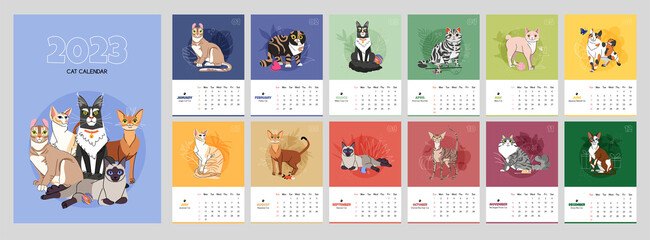 Cat calendar 2023 year. Isolated on colorful background. Collection with 12 vector cat breeds. Bright cover and 12 months pages with seasonal vector illustrations. Week starts on Sunday