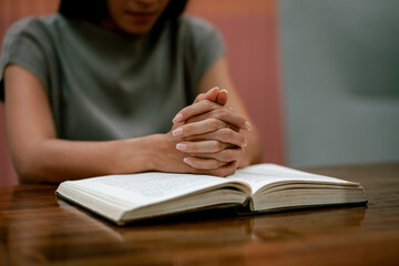 Religious concept. Belief. Close-up. A young woman praying thanks to the holy scriptures. God's...